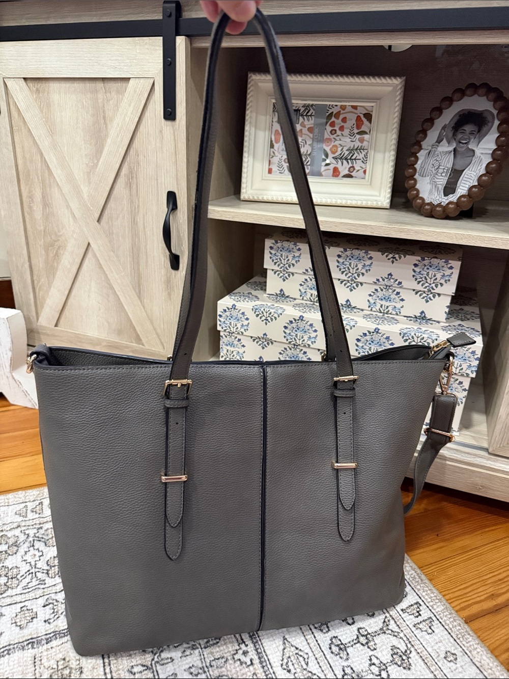 Gray Faux Leather Laptop Work Tote Bag w/ Crossbody Strap & Organizer Pockets